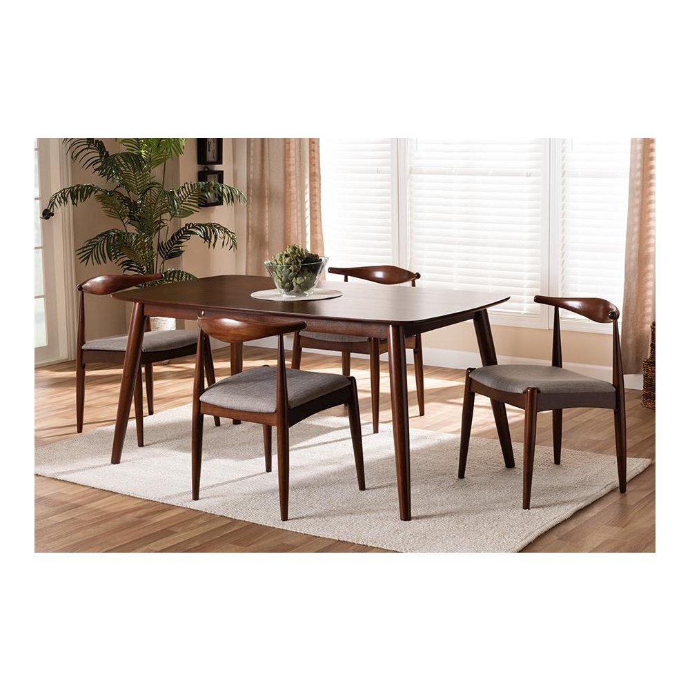 Light Gray Fabric Upholstered Walnut Finished Wood 5-Piece Dining Set. Picture 5