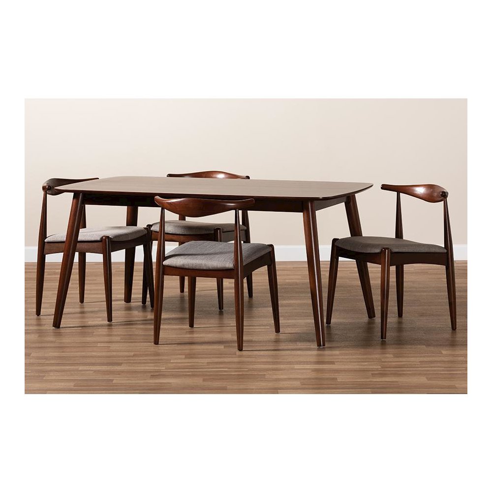 Light Gray Fabric Upholstered Walnut Finished Wood 5-Piece Dining Set. Picture 6