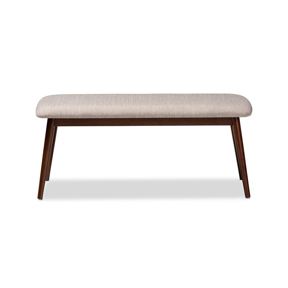 Light Grey Fabric Upholstered Walnut Finished Wood Dining Bench. Picture 2