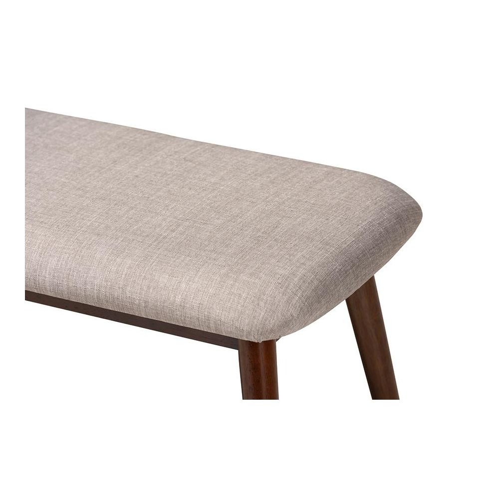 Light Grey Fabric Upholstered Walnut Finished Wood Dining Bench. Picture 4
