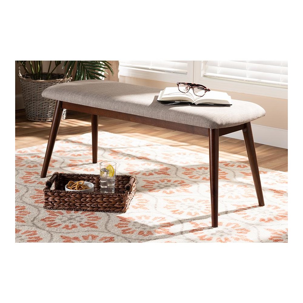 Light Grey Fabric Upholstered Walnut Finished Wood Dining Bench. Picture 6