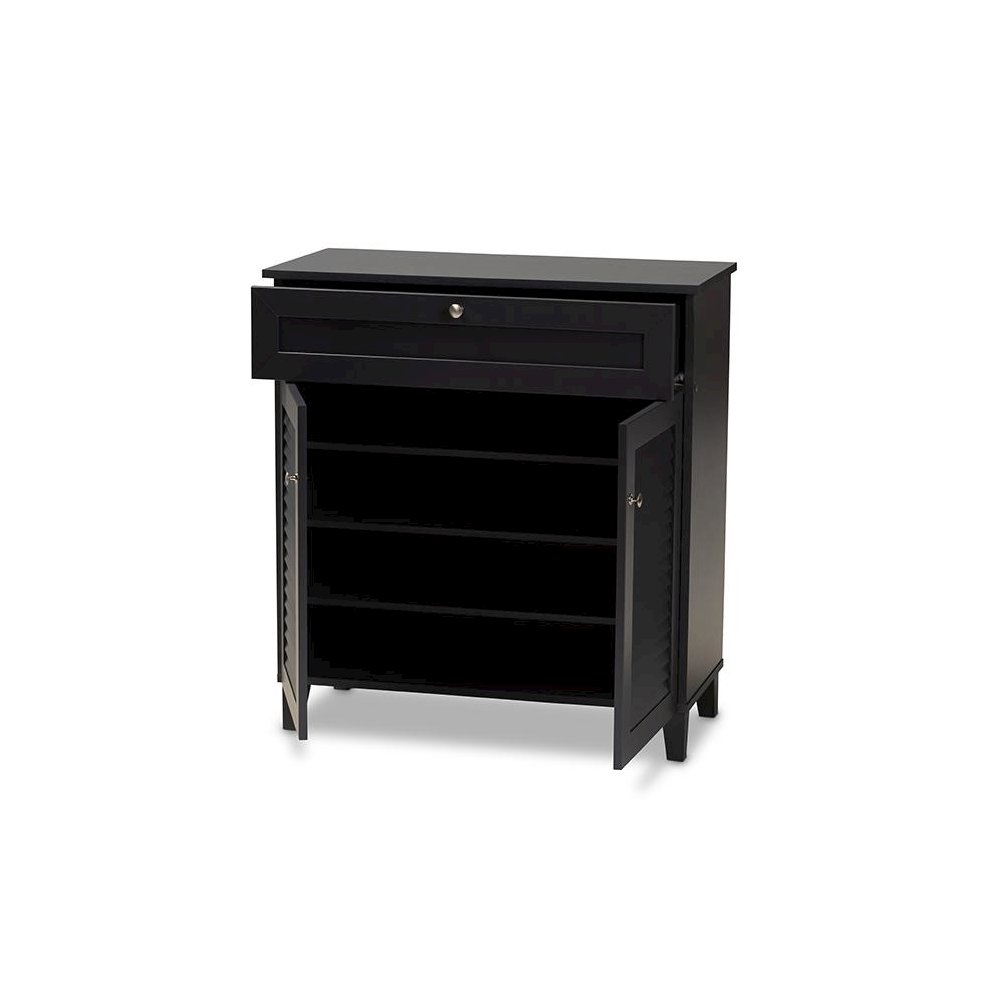 Dark Grey Finished 4-Shelf Wood Shoe Storage Cabinet with Drawer. Picture 2
