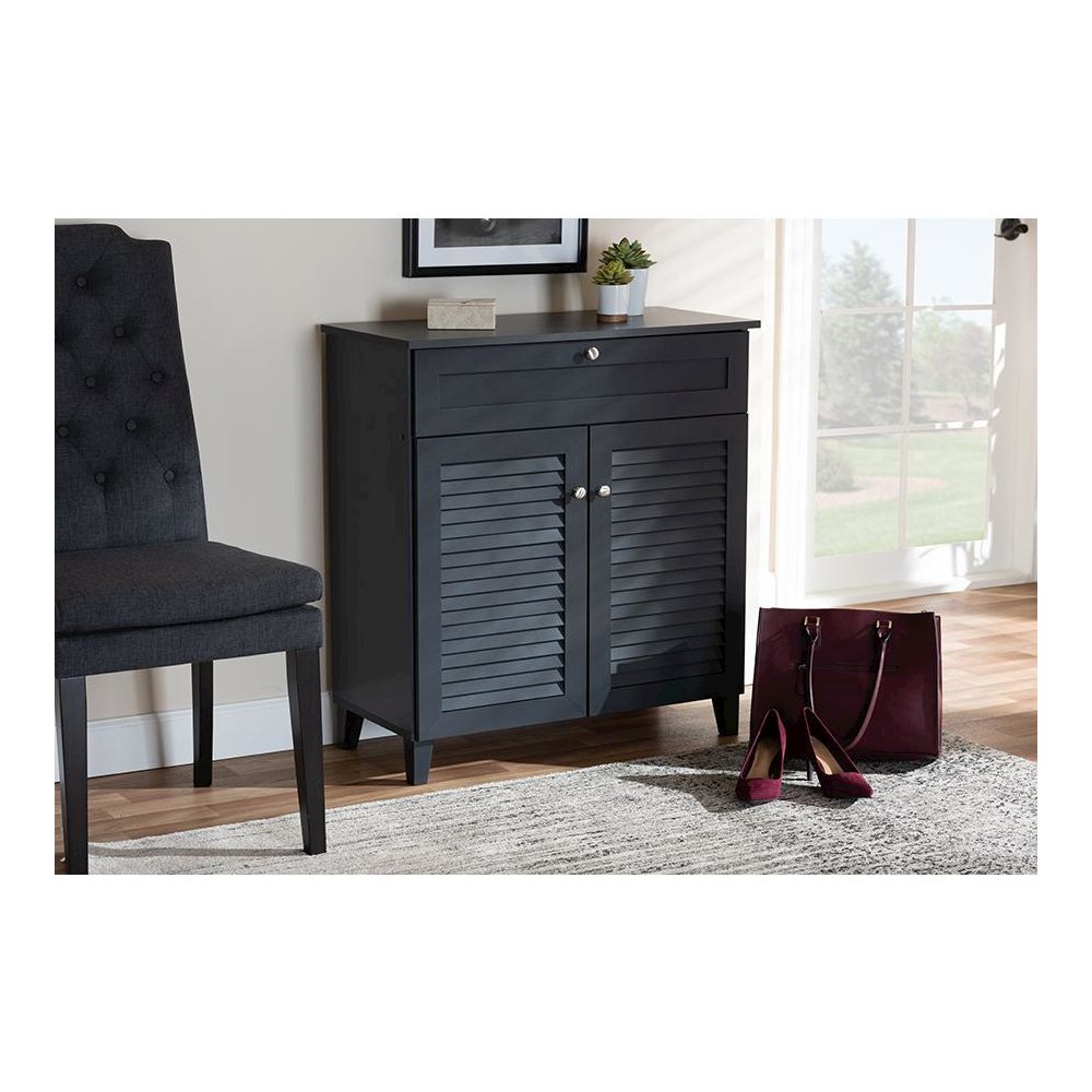 Dark Grey Finished 4-Shelf Wood Shoe Storage Cabinet with Drawer. Picture 7