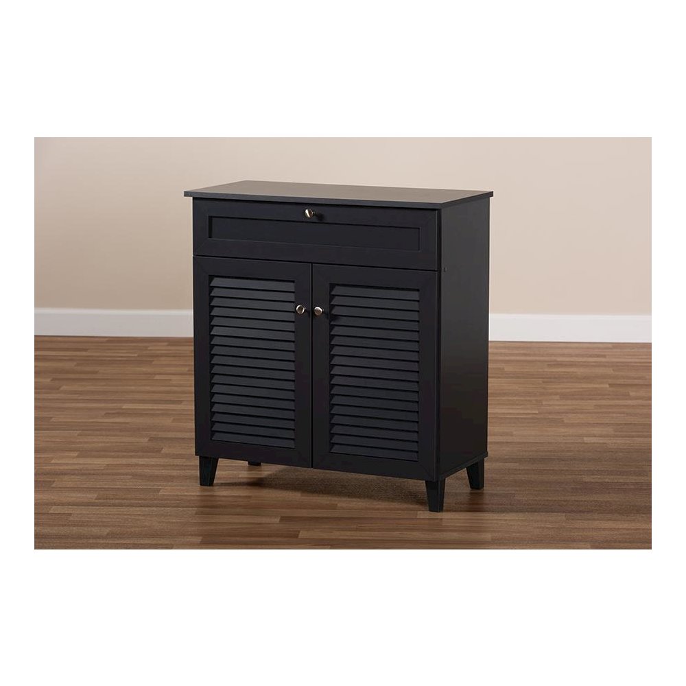 Dark Grey Finished 4-Shelf Wood Shoe Storage Cabinet with Drawer. Picture 9