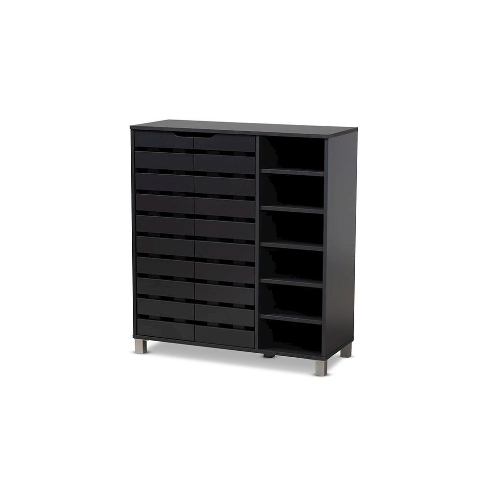 Dark Grey Finished 2-Door Wood Shoe Storage Cabinet with Open Shelves. Picture 1
