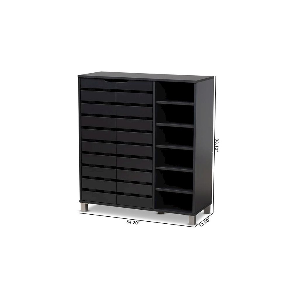 Dark Grey Finished 2-Door Wood Shoe Storage Cabinet with Open Shelves. Picture 10