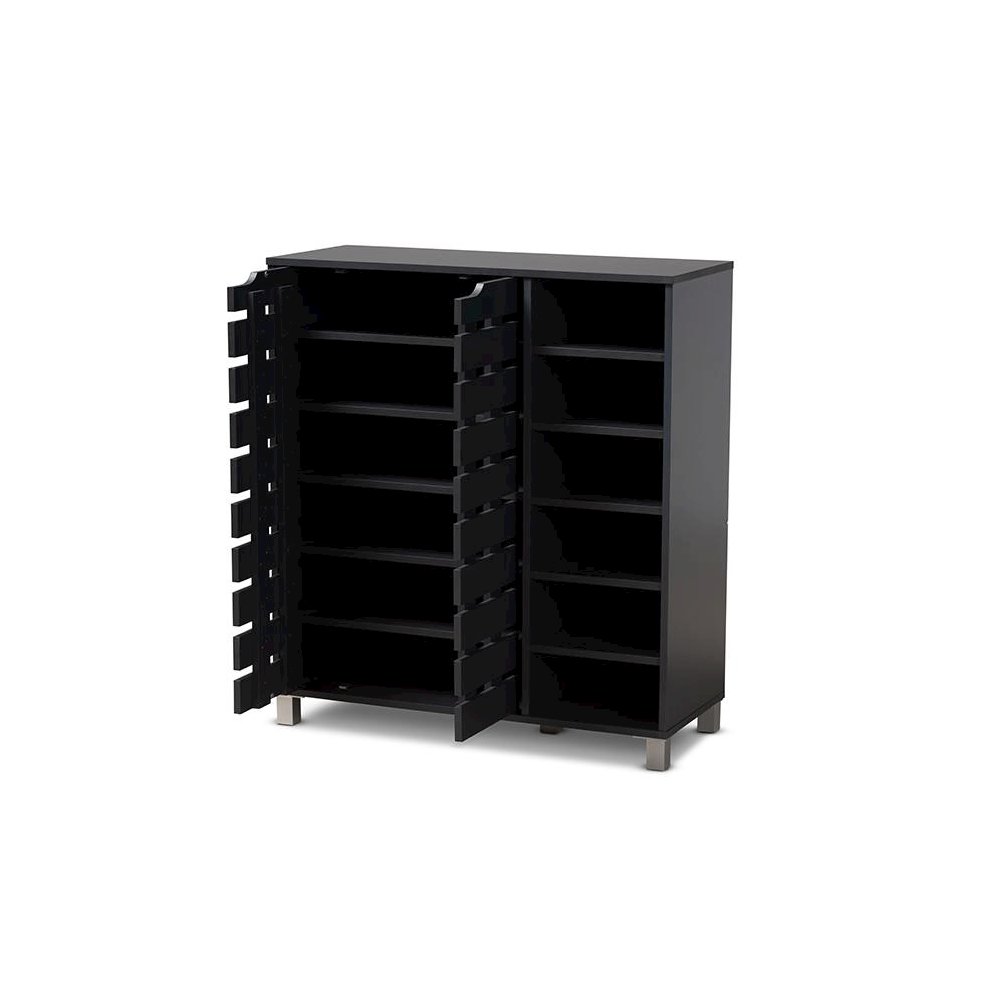 Dark Grey Finished 2-Door Wood Shoe Storage Cabinet with Open Shelves. Picture 2