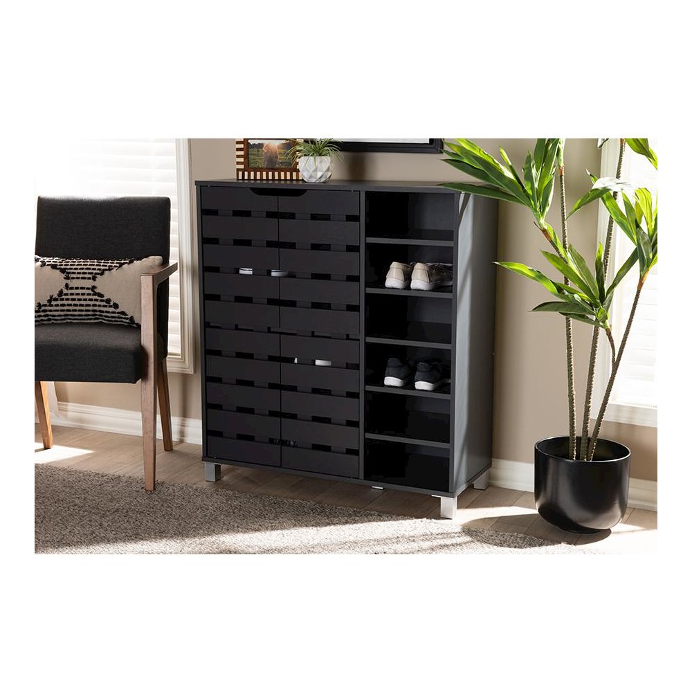 Dark Grey Finished 2-Door Wood Shoe Storage Cabinet with Open Shelves. Picture 7