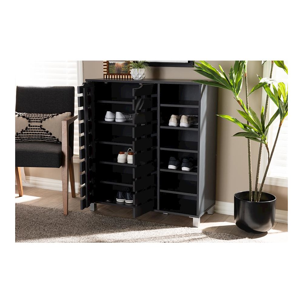 Dark Grey Finished 2-Door Wood Shoe Storage Cabinet with Open Shelves. Picture 8