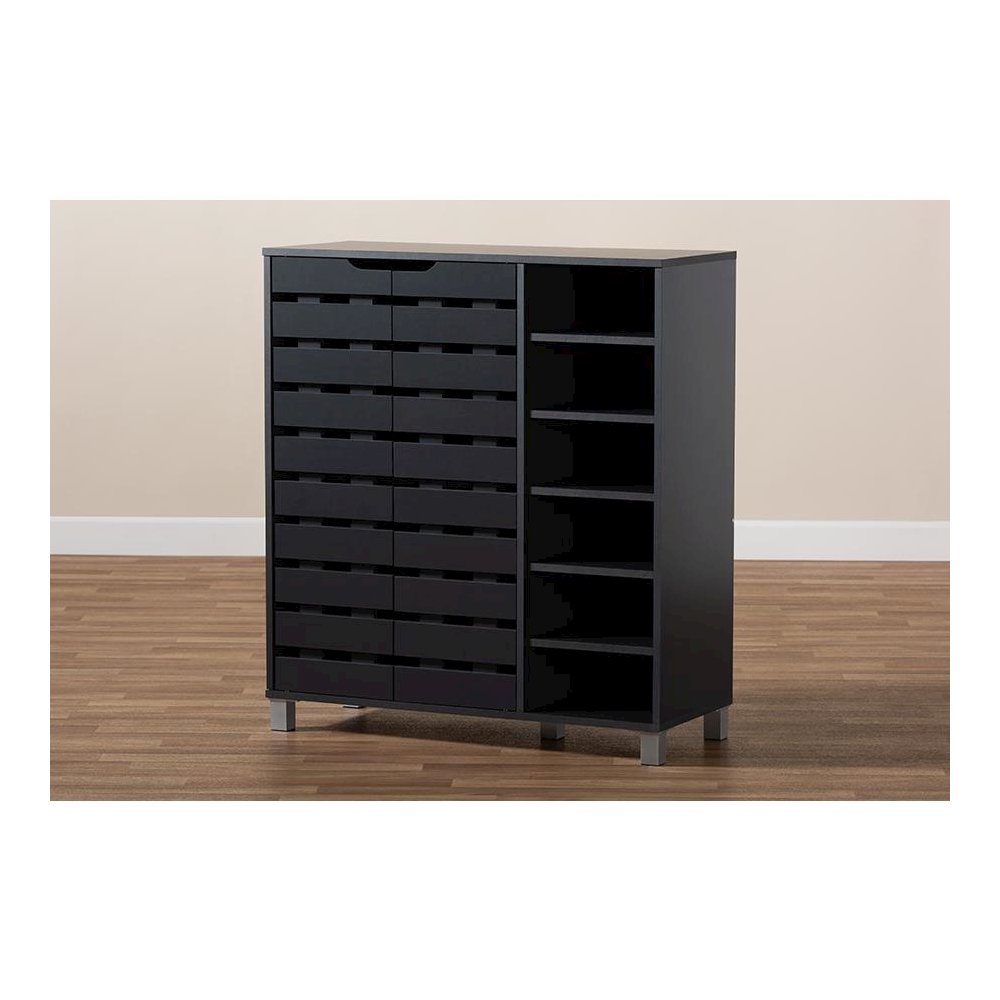 Dark Grey Finished 2-Door Wood Shoe Storage Cabinet with Open Shelves. Picture 9