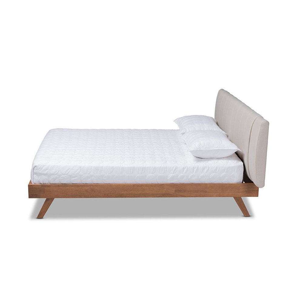 Light Beige Fabric Upholstered Walnut Finished Wood Queen Size Bed. Picture 2