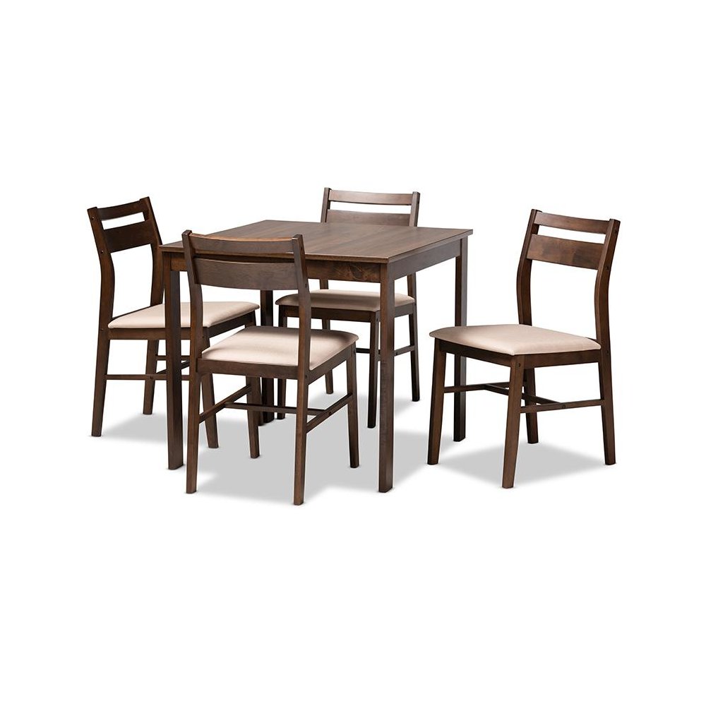 Beige Fabric Upholstered Dark Walnut-Finished 5-Piece Wood Dining Set. Picture 1
