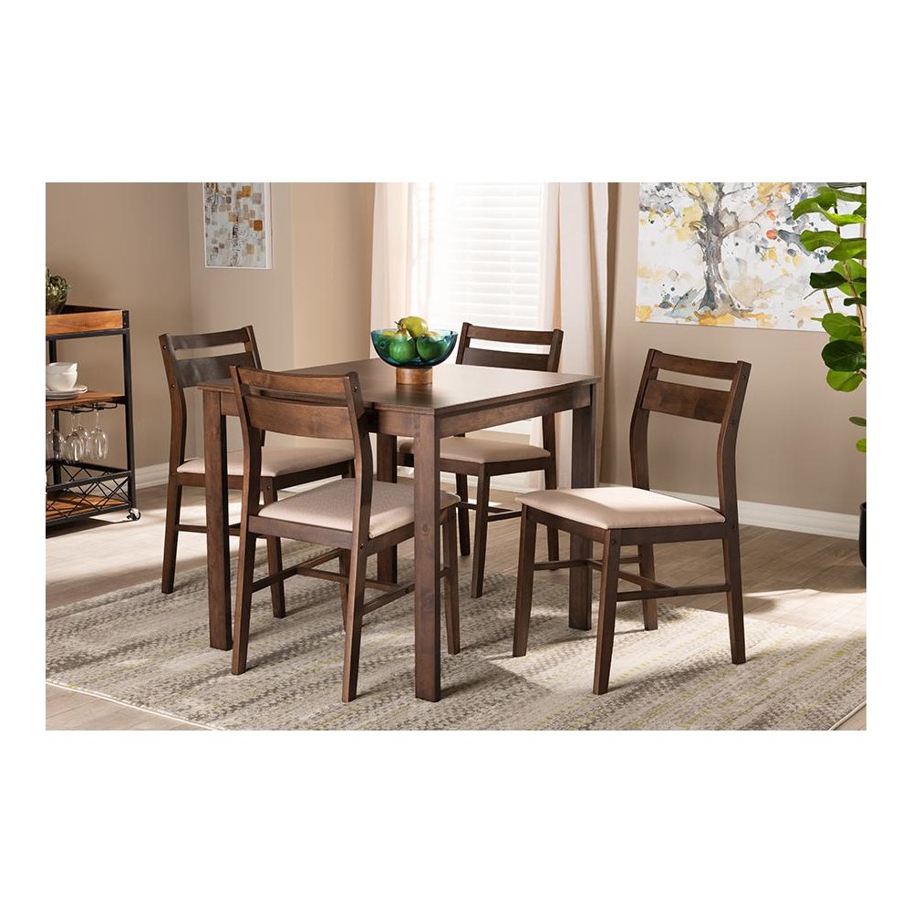 Beige Fabric Upholstered Dark Walnut-Finished 5-Piece Wood Dining Set. Picture 6