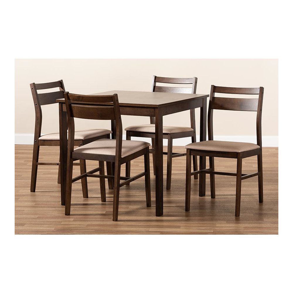 Beige Fabric Upholstered Dark Walnut-Finished 5-Piece Wood Dining Set. Picture 7