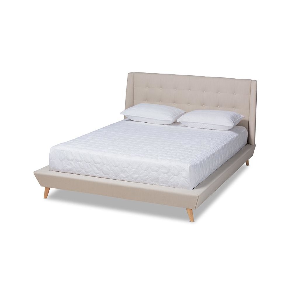 Naya Mid-Century Modern Beige Fabric Upholstered King Size Wingback Platform Bed. Picture 1