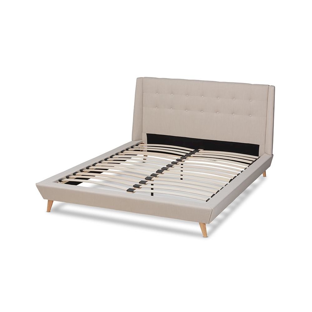 Naya Mid-Century Modern Beige Fabric Upholstered King Size Wingback Platform Bed. Picture 3