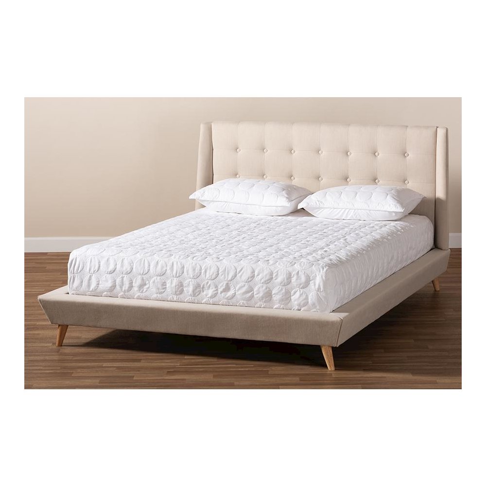 Naya Mid-Century Modern Beige Fabric Upholstered King Size Wingback Platform Bed. Picture 7