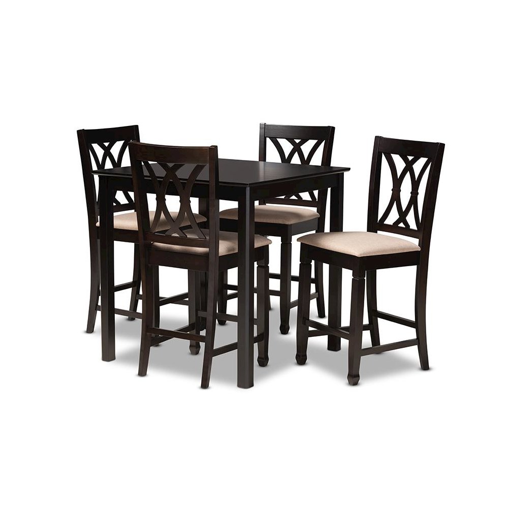 Sand Fabric Upholstered Espresso Brown Finished 5-Piece Wood Pub Set. Picture 1