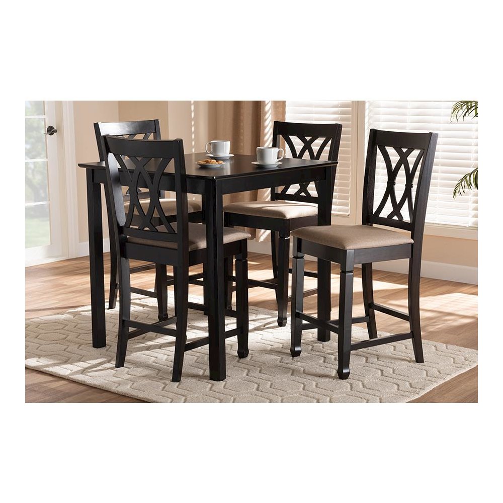 Sand Fabric Upholstered Espresso Brown Finished 5-Piece Wood Pub Set. Picture 5