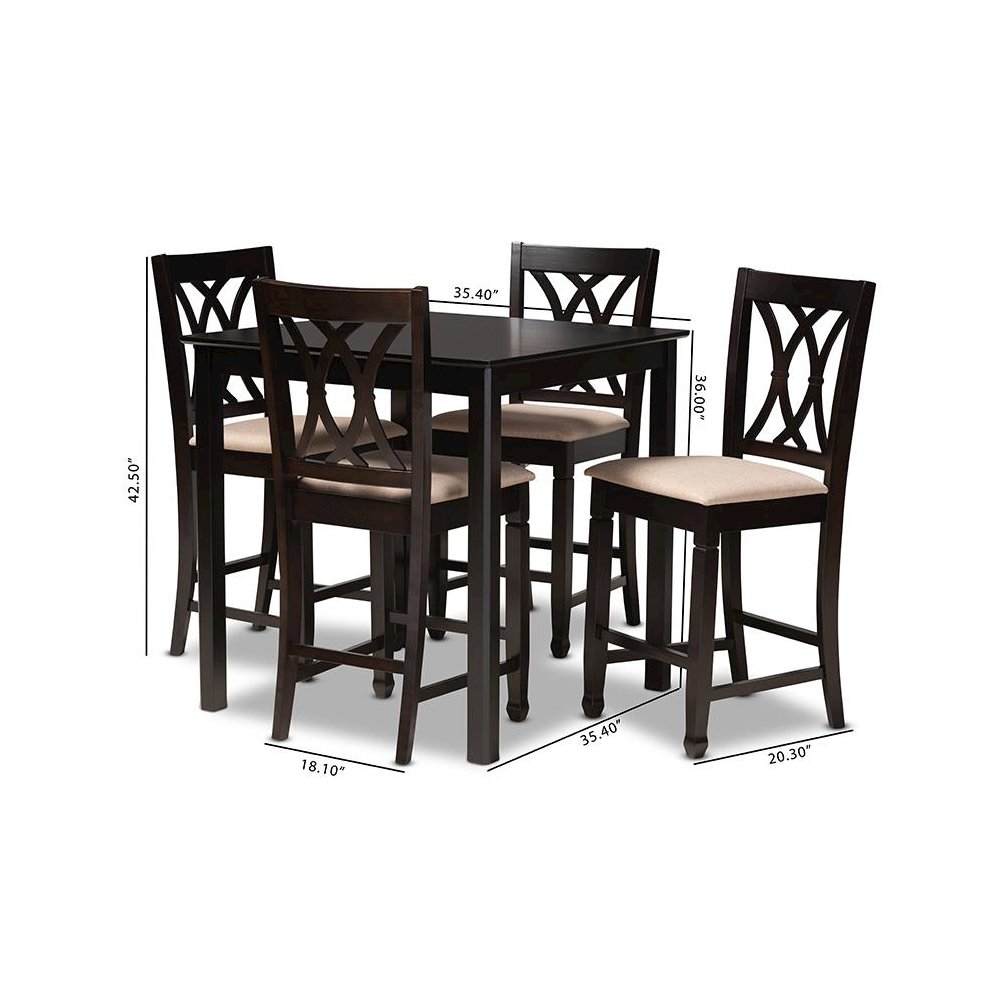 Sand Fabric Upholstered Espresso Brown Finished 5-Piece Wood Pub Set. Picture 7