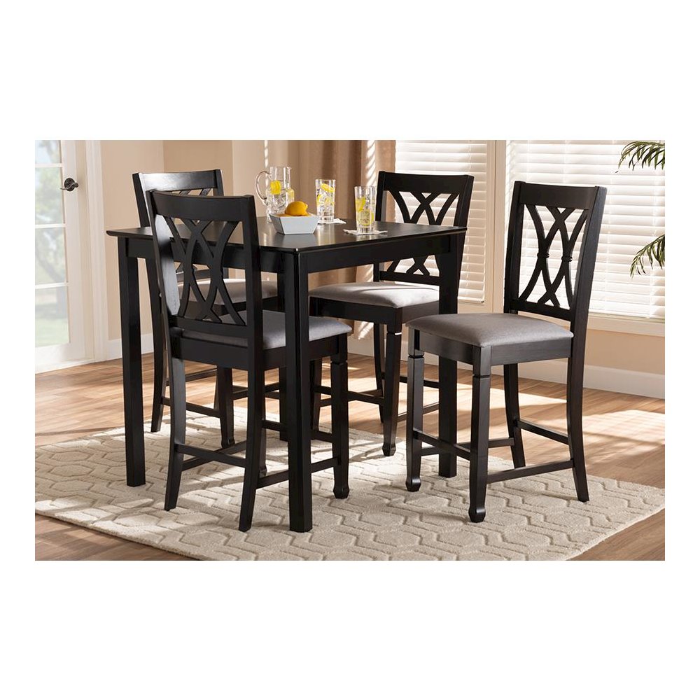 Gray Fabric Upholstered Espresso Brown Finished 5-Piece Wood Pub Set. Picture 5