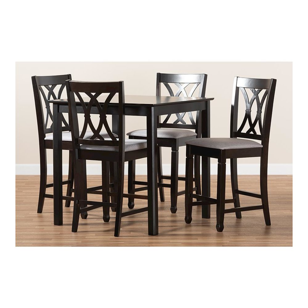 Gray Fabric Upholstered Espresso Brown Finished 5-Piece Wood Pub Set. Picture 6