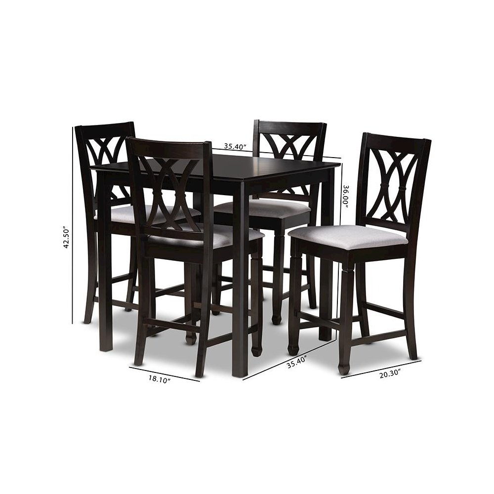 Gray Fabric Upholstered Espresso Brown Finished 5-Piece Wood Pub Set. Picture 7