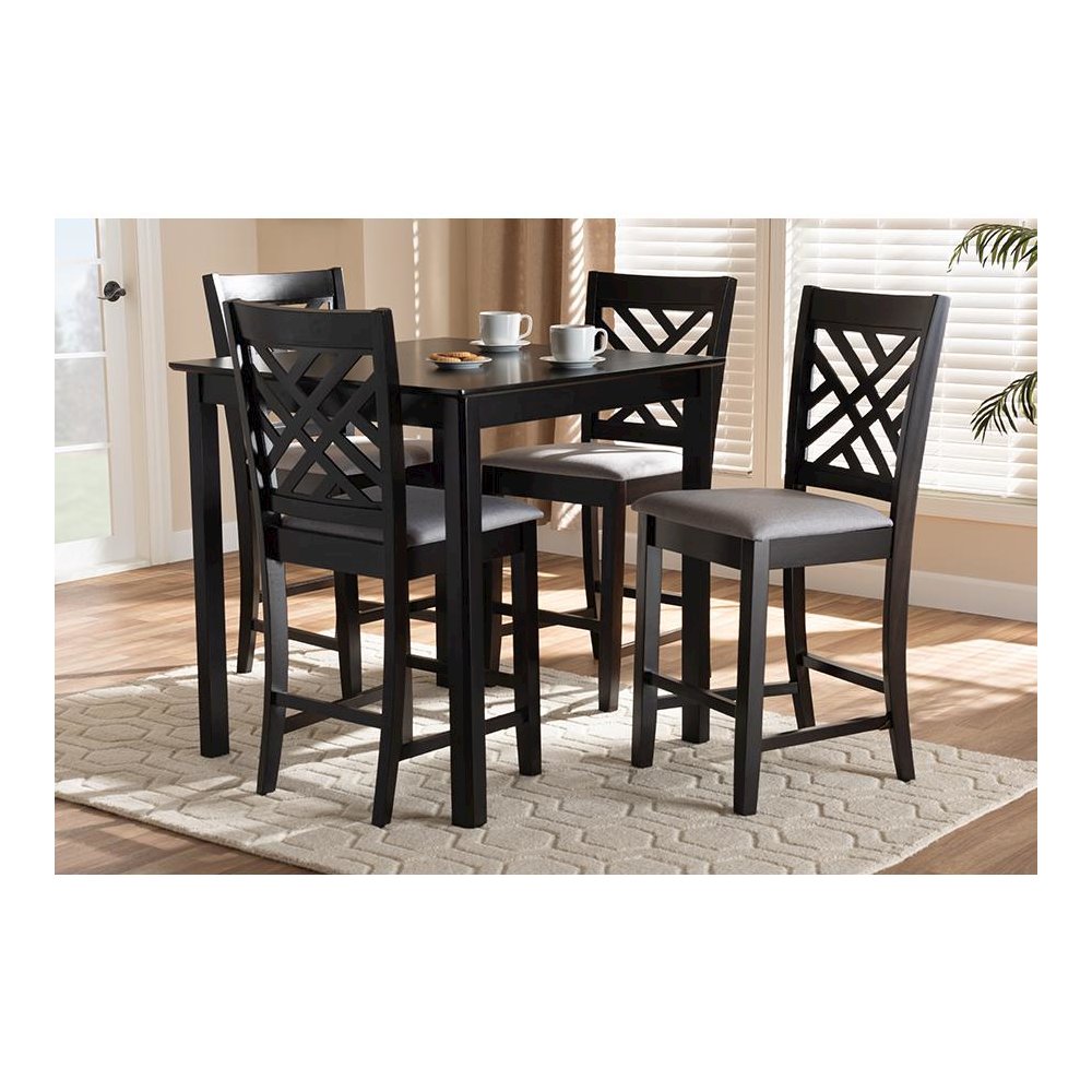 Gray Fabric Upholstered Espresso Brown Finished 5-Piece Wood Pub Set. Picture 5