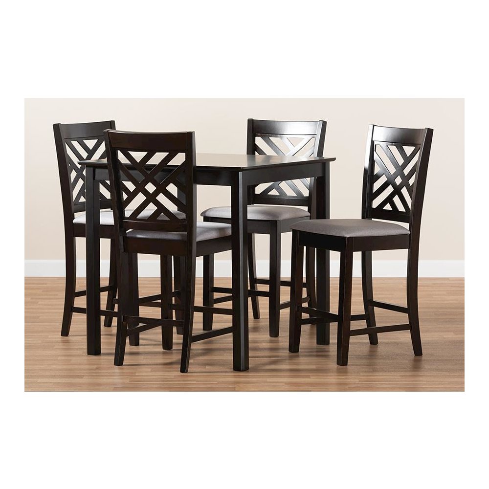 Gray Fabric Upholstered Espresso Brown Finished 5-Piece Wood Pub Set. Picture 6