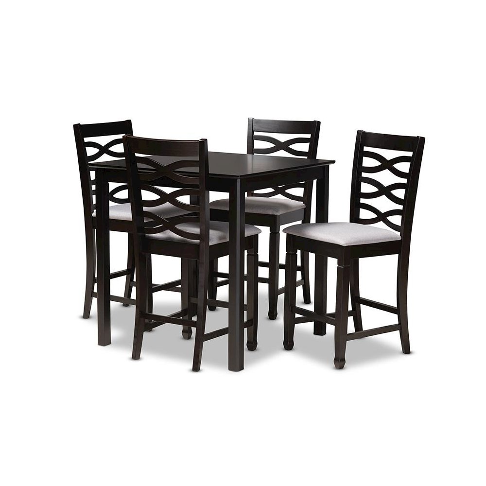 Gray Fabric Upholstered Espresso Brown Finished 5-Piece Wood Pub Set. Picture 1
