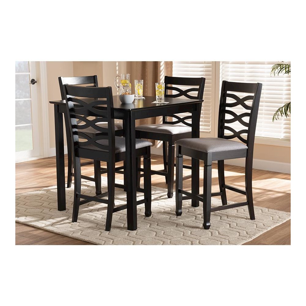 Gray Fabric Upholstered Espresso Brown Finished 5-Piece Wood Pub Set. Picture 5