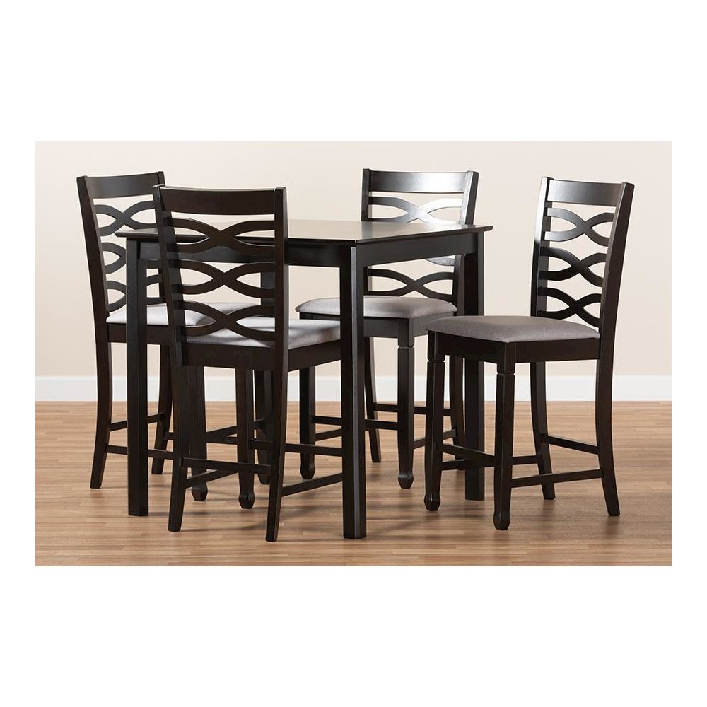 Gray Fabric Upholstered Espresso Brown Finished 5-Piece Wood Pub Set. Picture 6