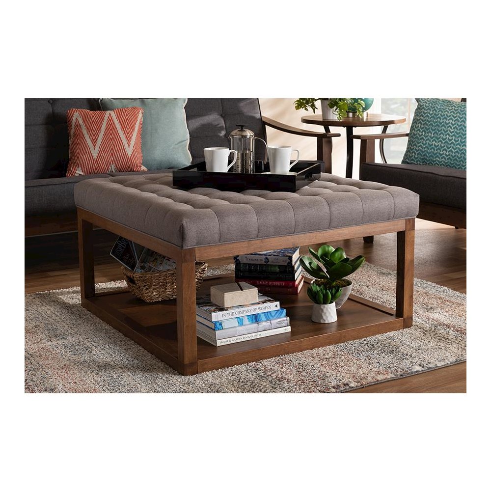 Grey Fabric Upholstered Walnut Finished Cocktail Ottoman. Picture 5