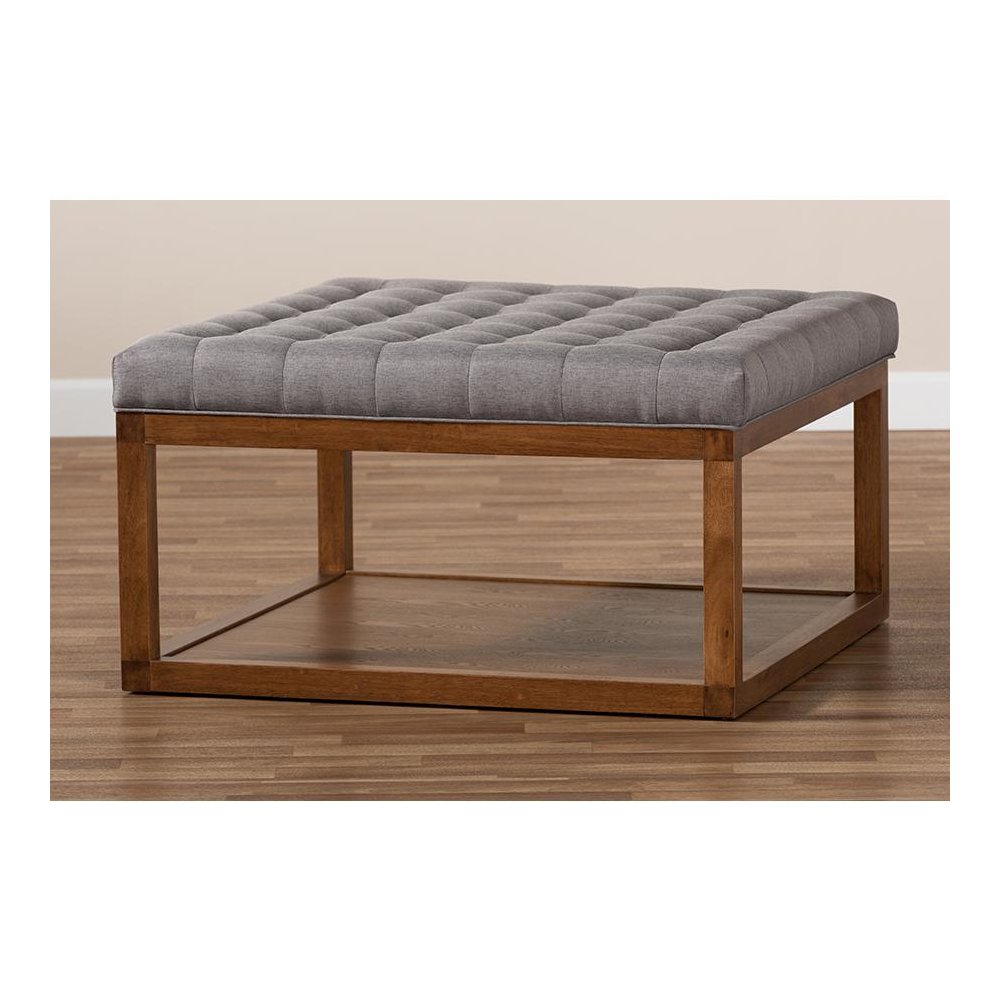 Grey Fabric Upholstered Walnut Finished Cocktail Ottoman. Picture 6