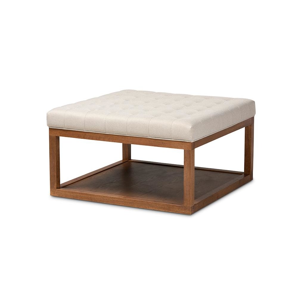 Beige Fabric Upholstered Walnut Finished Cocktail Ottoman. Picture 1