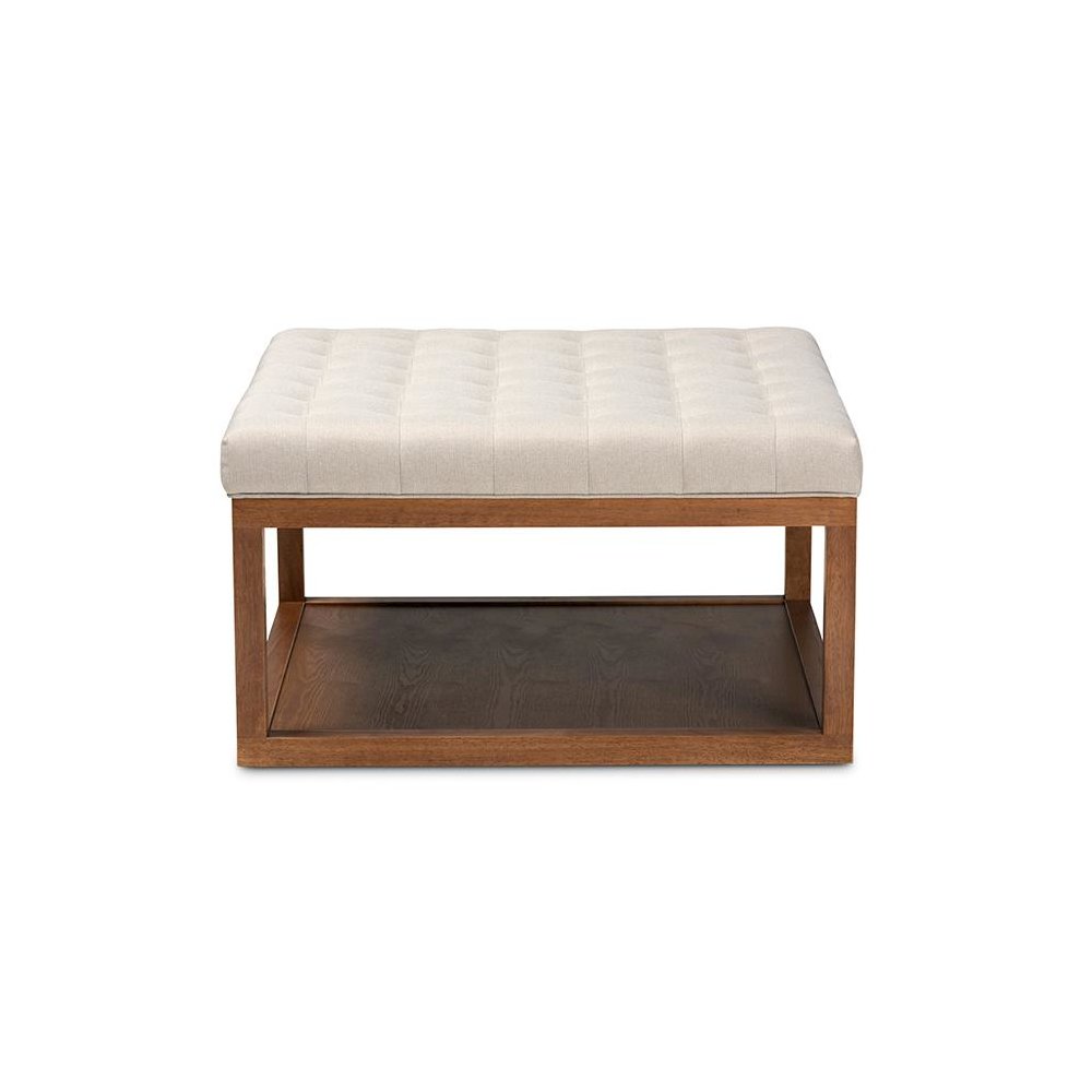 Beige Fabric Upholstered Walnut Finished Cocktail Ottoman. Picture 2