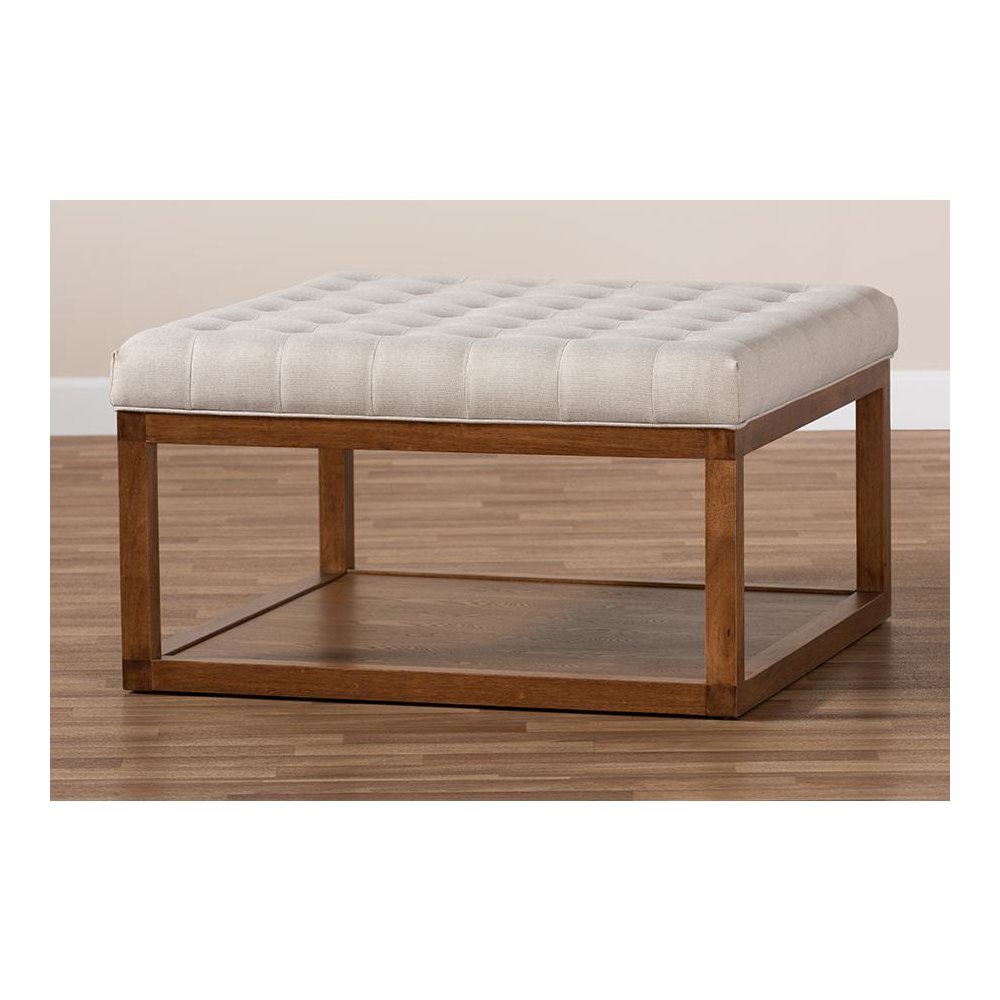 Beige Fabric Upholstered Walnut Finished Cocktail Ottoman. Picture 6