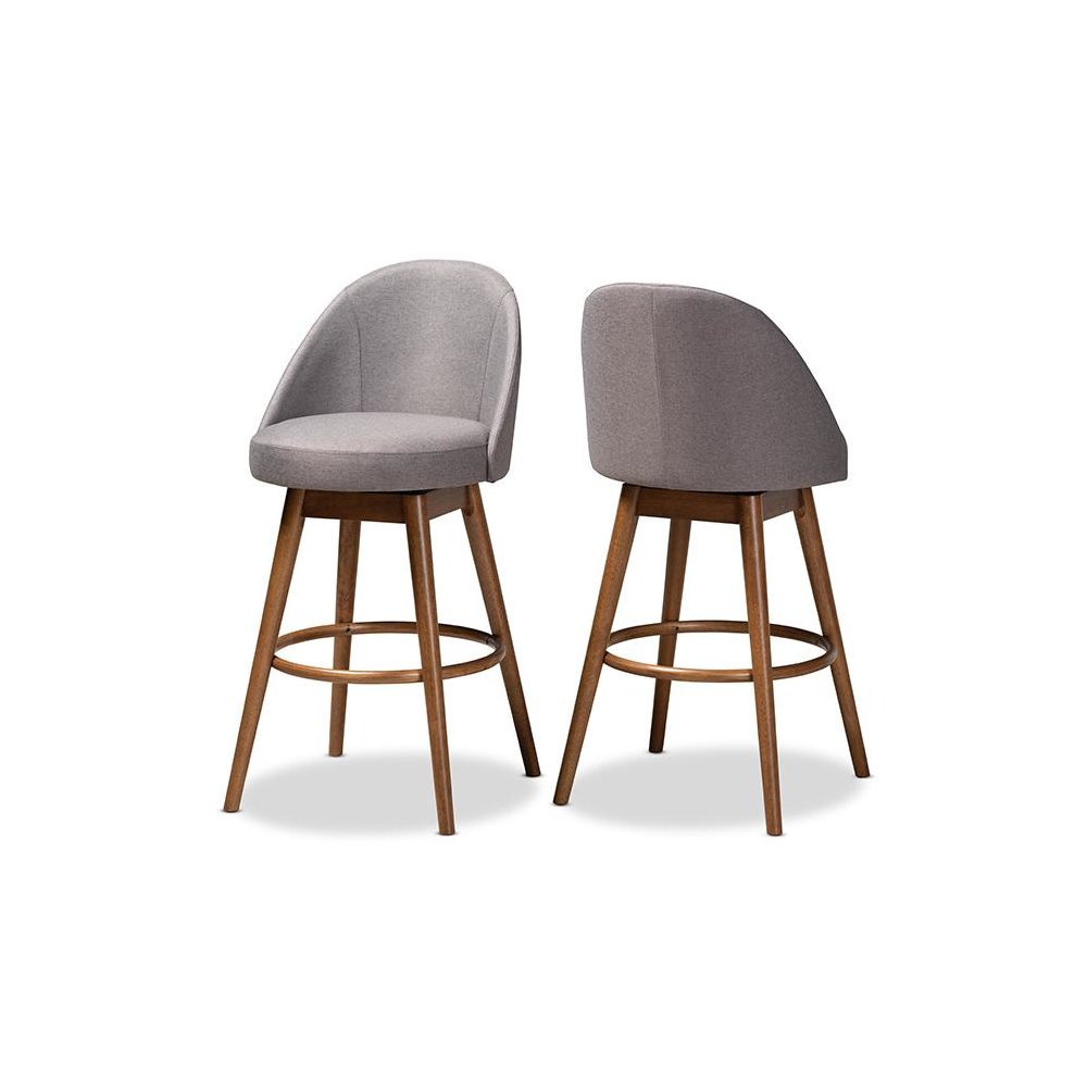 Grey Fabric Upholstered Walnut-Finished Wood Swivel Bar Stool Set of 2. Picture 1