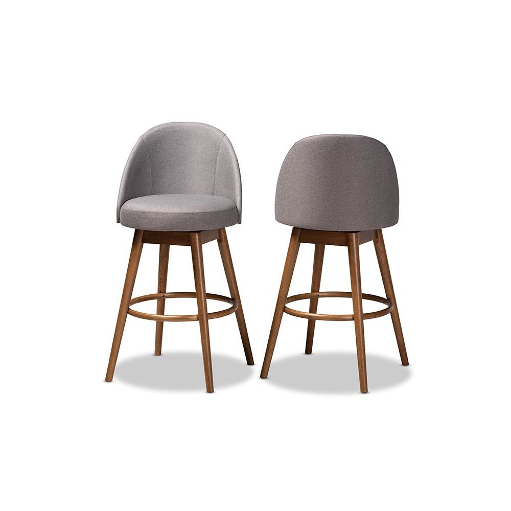 Grey Fabric Upholstered Walnut-Finished Wood Swivel Bar Stool Set of 2. Picture 2
