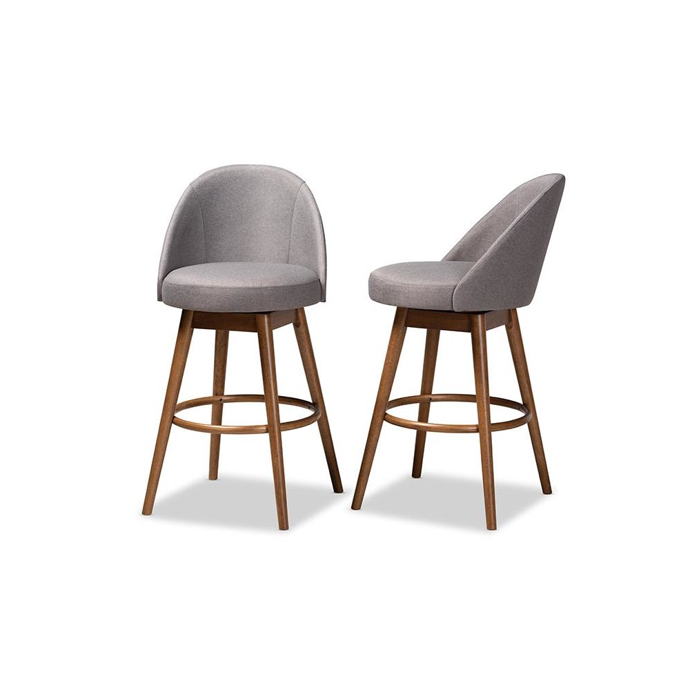 Grey Fabric Upholstered Walnut-Finished Wood Swivel Bar Stool Set of 2. Picture 3