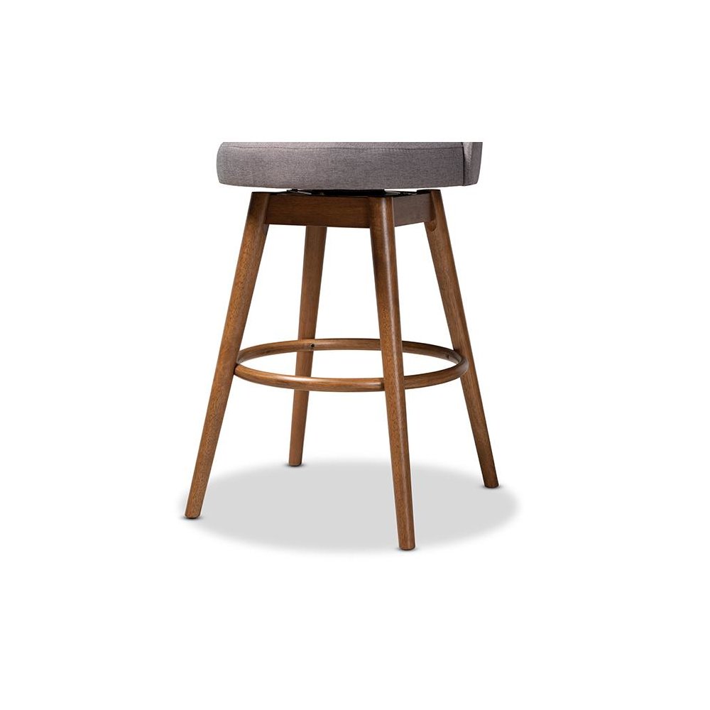 Grey Fabric Upholstered Walnut-Finished Wood Swivel Bar Stool Set of 2. Picture 5