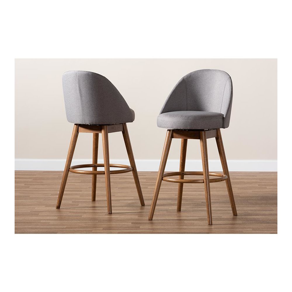 Grey Fabric Upholstered Walnut-Finished Wood Swivel Bar Stool Set of 2. Picture 7