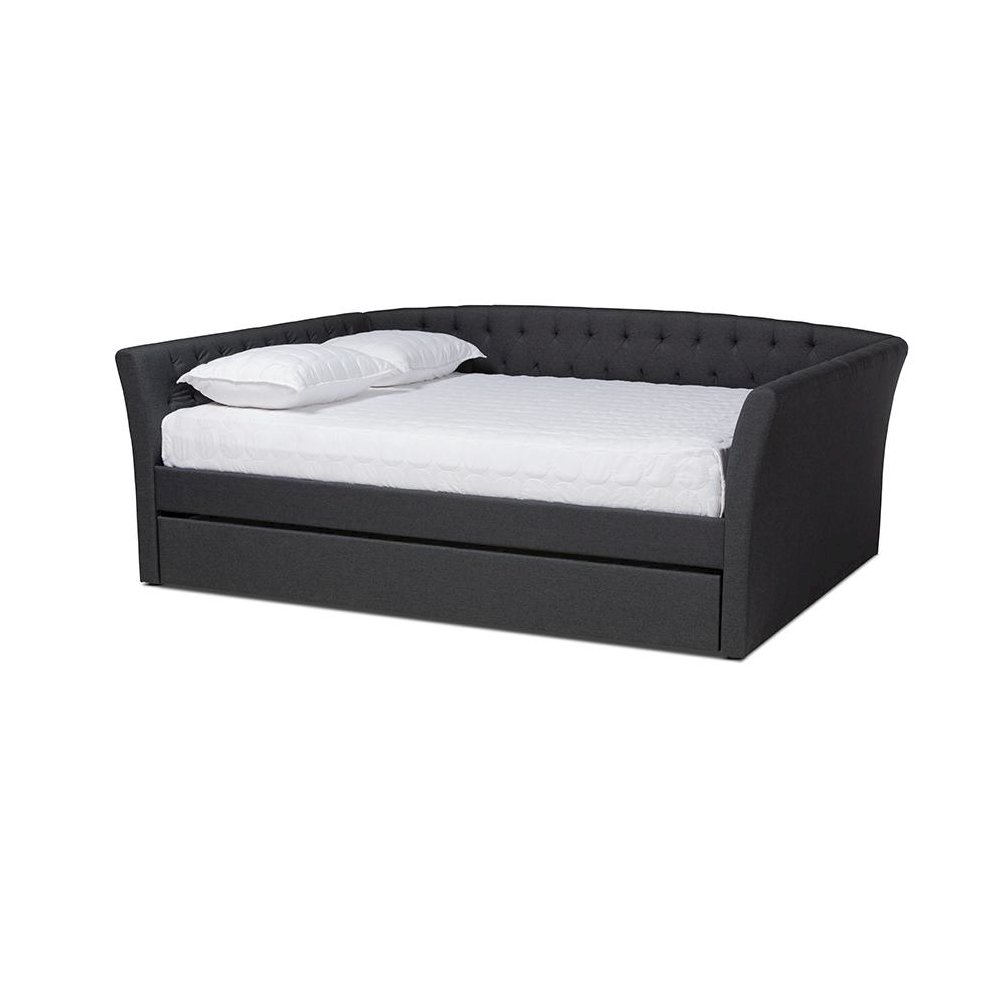 Dark Grey Fabric Upholstered Full Size Daybed with Roll-Out Trundle Bed. Picture 1