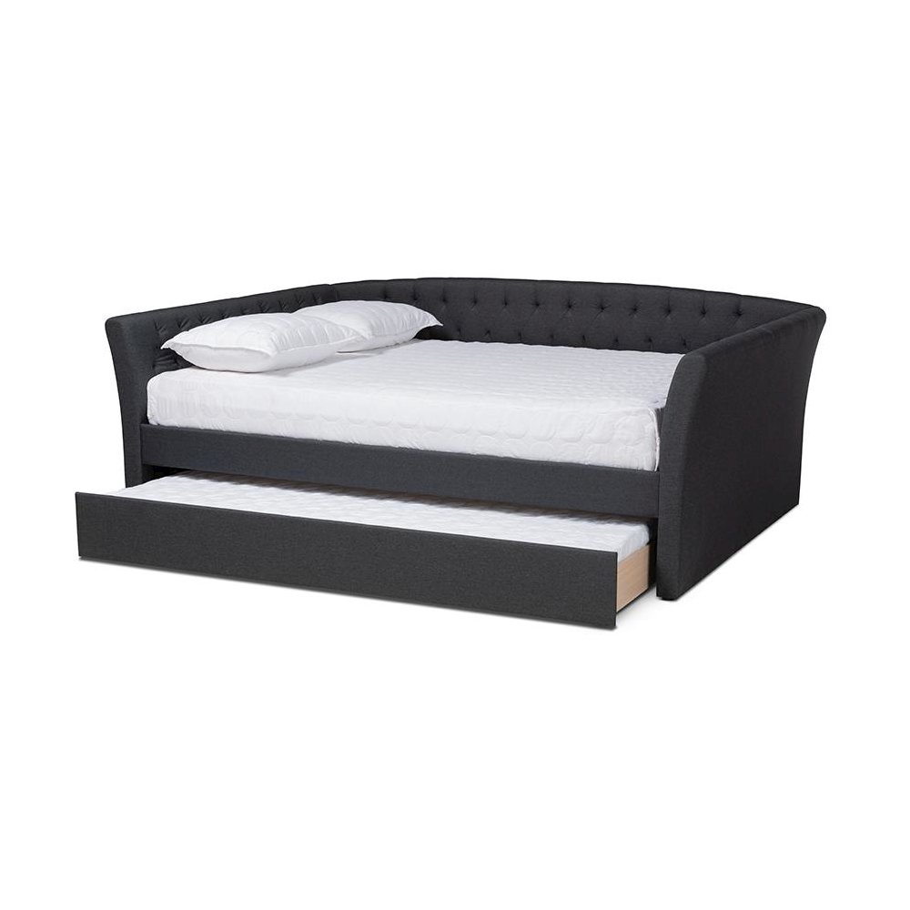 Dark Grey Fabric Upholstered Full Size Daybed with Roll-Out Trundle Bed. Picture 2