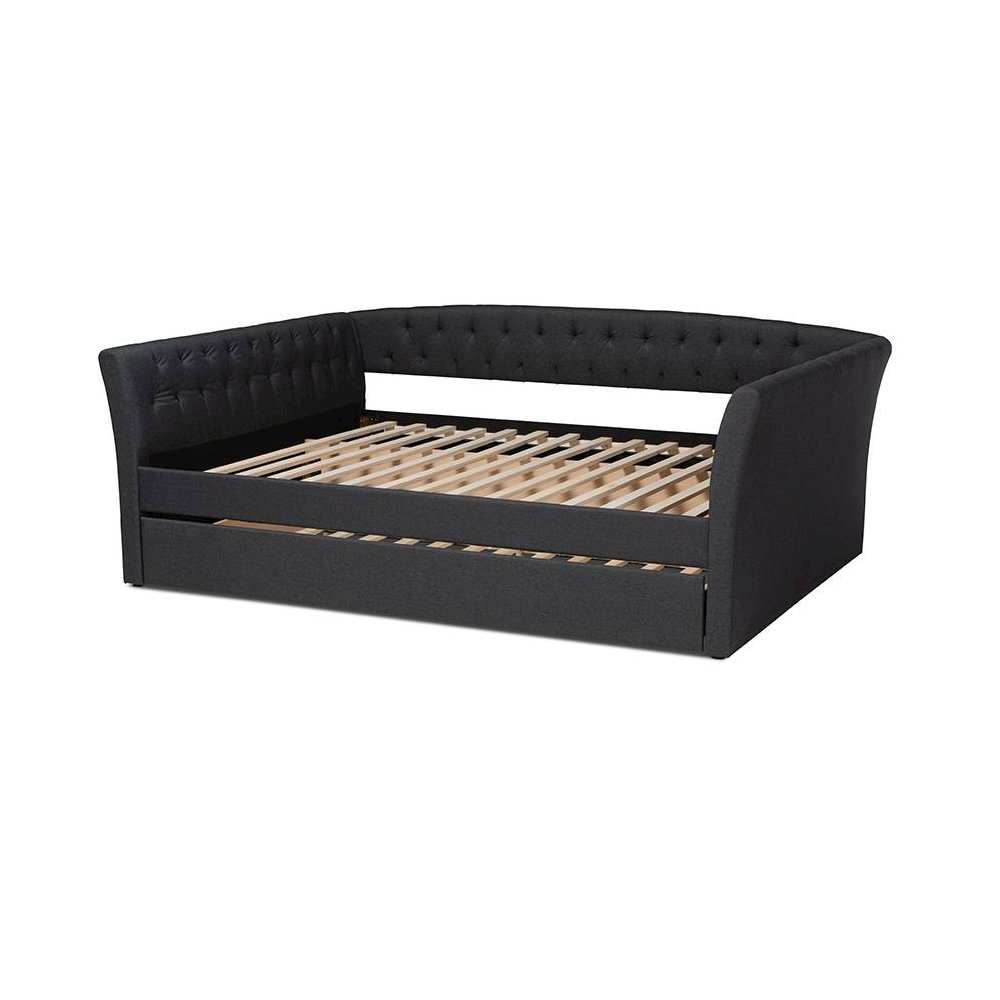 Dark Grey Fabric Upholstered Full Size Daybed with Roll-Out Trundle Bed. Picture 4