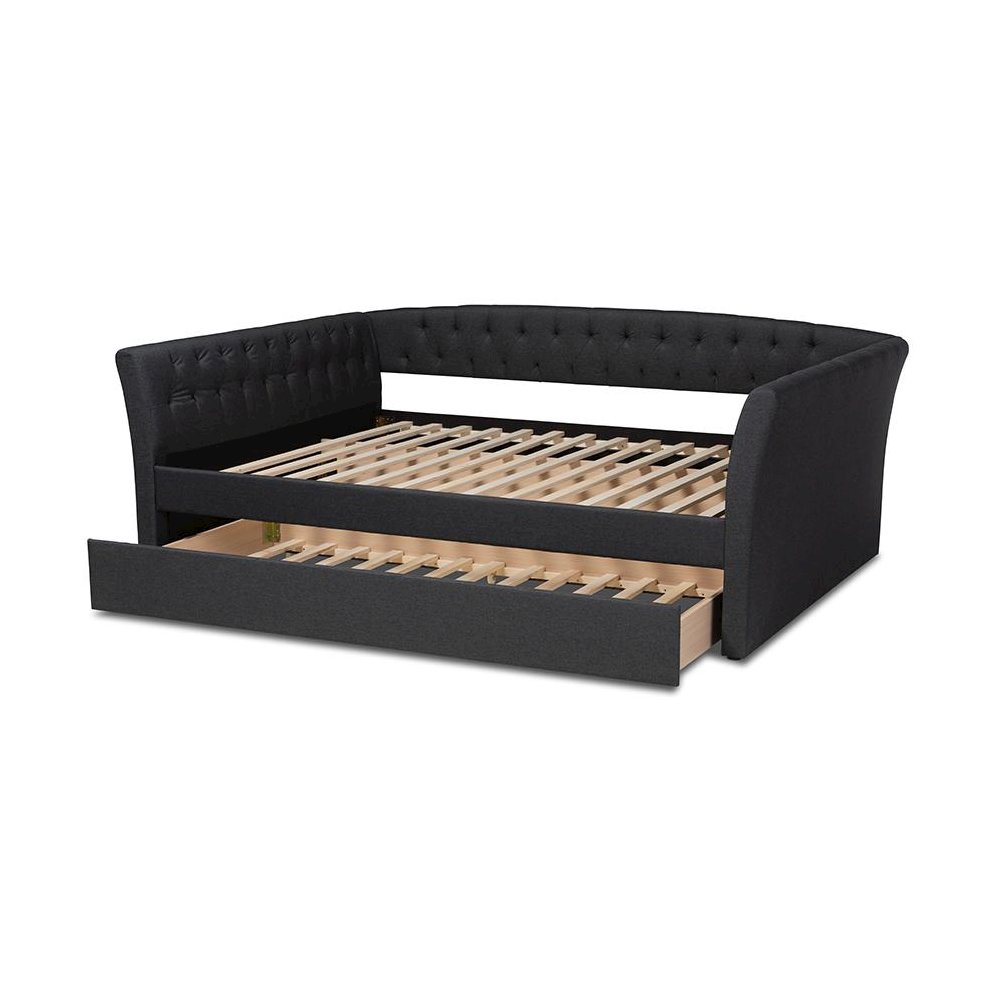 Dark Grey Fabric Upholstered Full Size Daybed with Roll-Out Trundle Bed. Picture 5