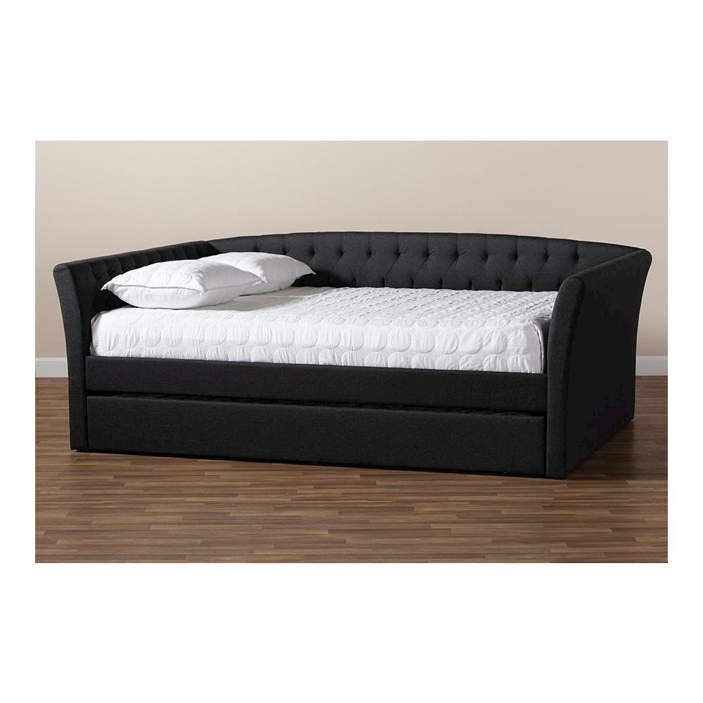 Dark Grey Fabric Upholstered Full Size Daybed with Roll-Out Trundle Bed. Picture 9