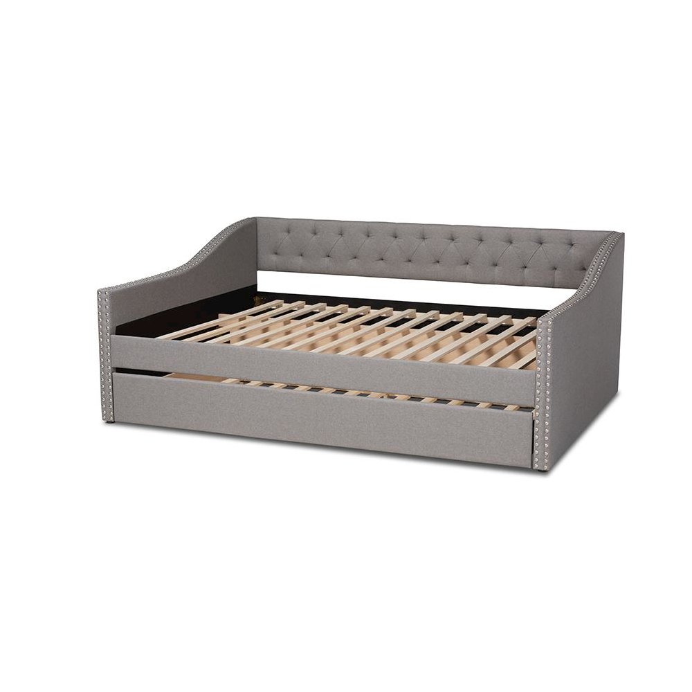 Light Grey Fabric Upholstered Full Size Daybed with Roll-Out Trundle Bed. Picture 4