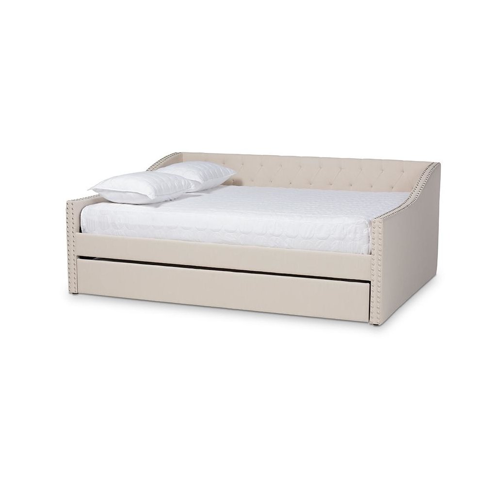 Beige Fabric Upholstered Full Size Daybed with Roll-Out Trundle Bed. Picture 1