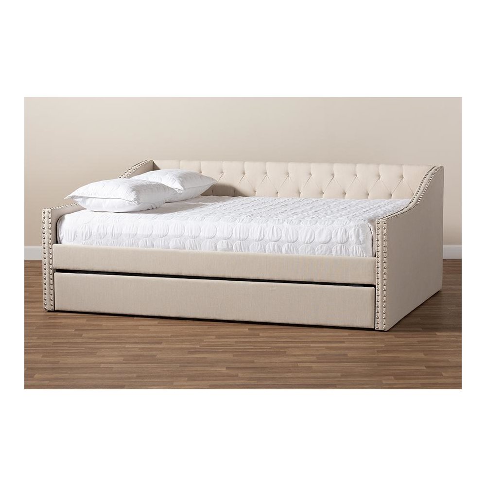Beige Fabric Upholstered Full Size Daybed with Roll-Out Trundle Bed. Picture 10